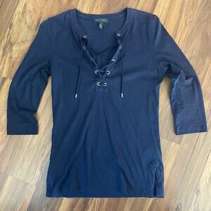 Lauren Ralph Lauren Women’s Small Navy Blue Lace-Up Fitted T-Shirt 100% Cotton